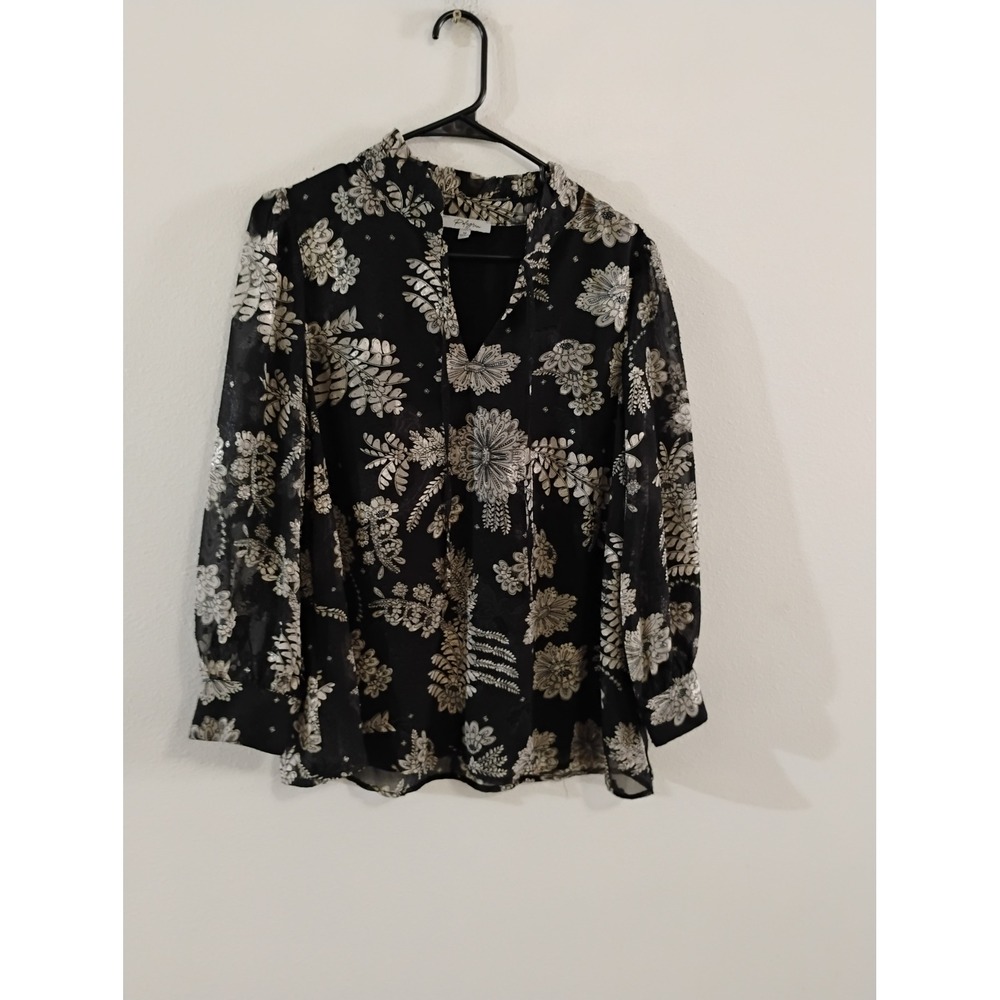 Polagram Black Silver Floral Metallic Sheer Chiffon Blouse Medium Long Sleeve